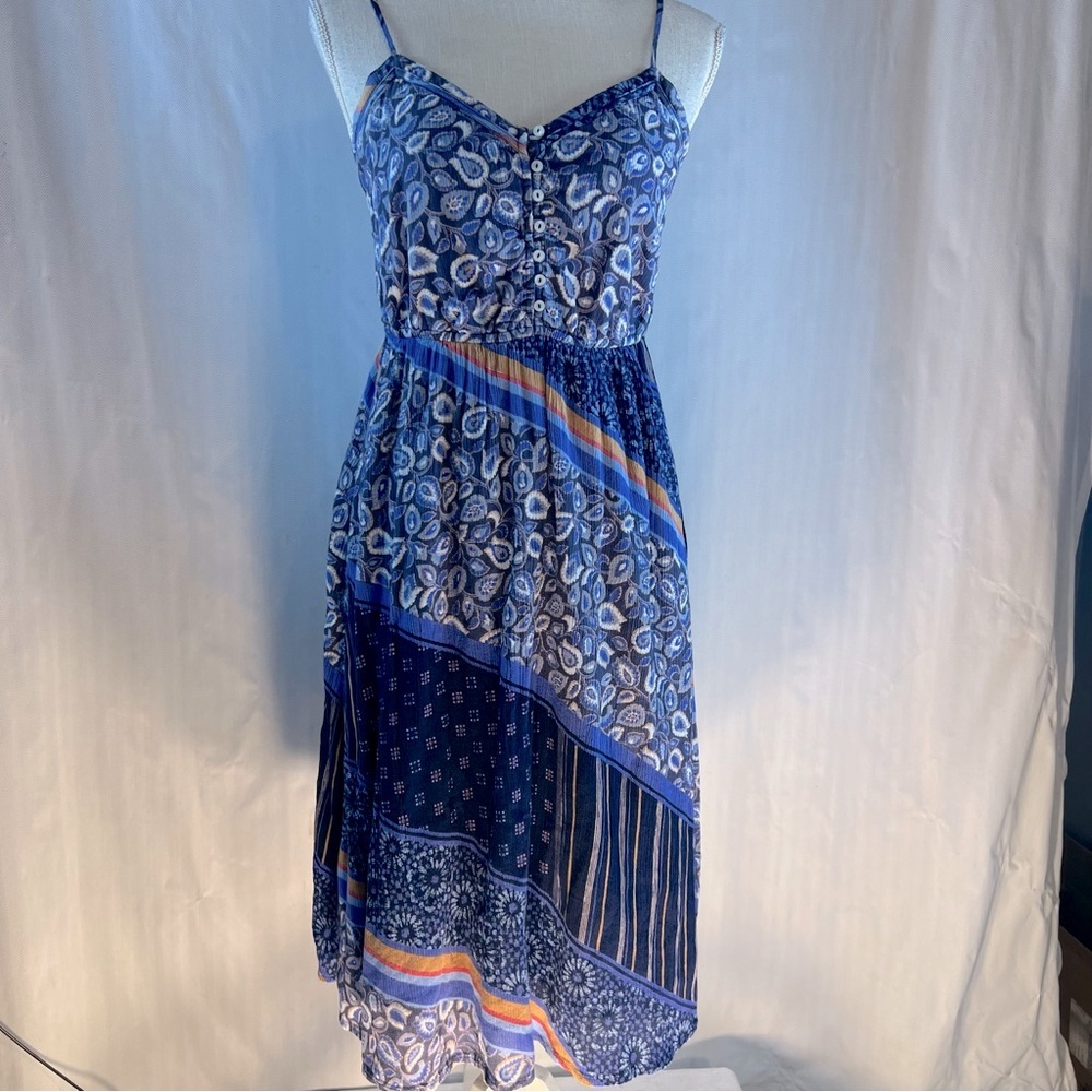 Aerie Dress Blue & Gold Paisley Sundress Patchwork BoHo Spaghetti Straps S 👍